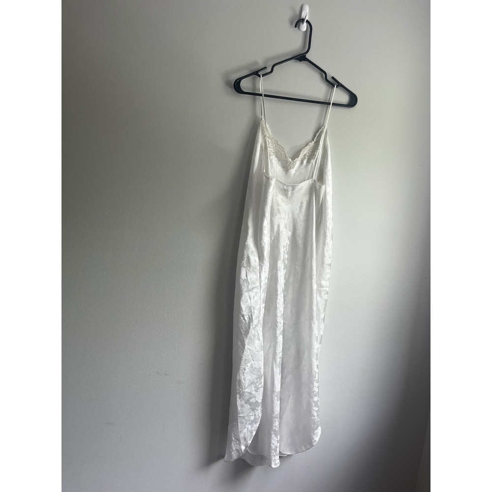 Linda Bis White Satin Floral Rose Jacquard Lace Trim Maxi Nightgown Slip Dress - Picture 2 of 8
